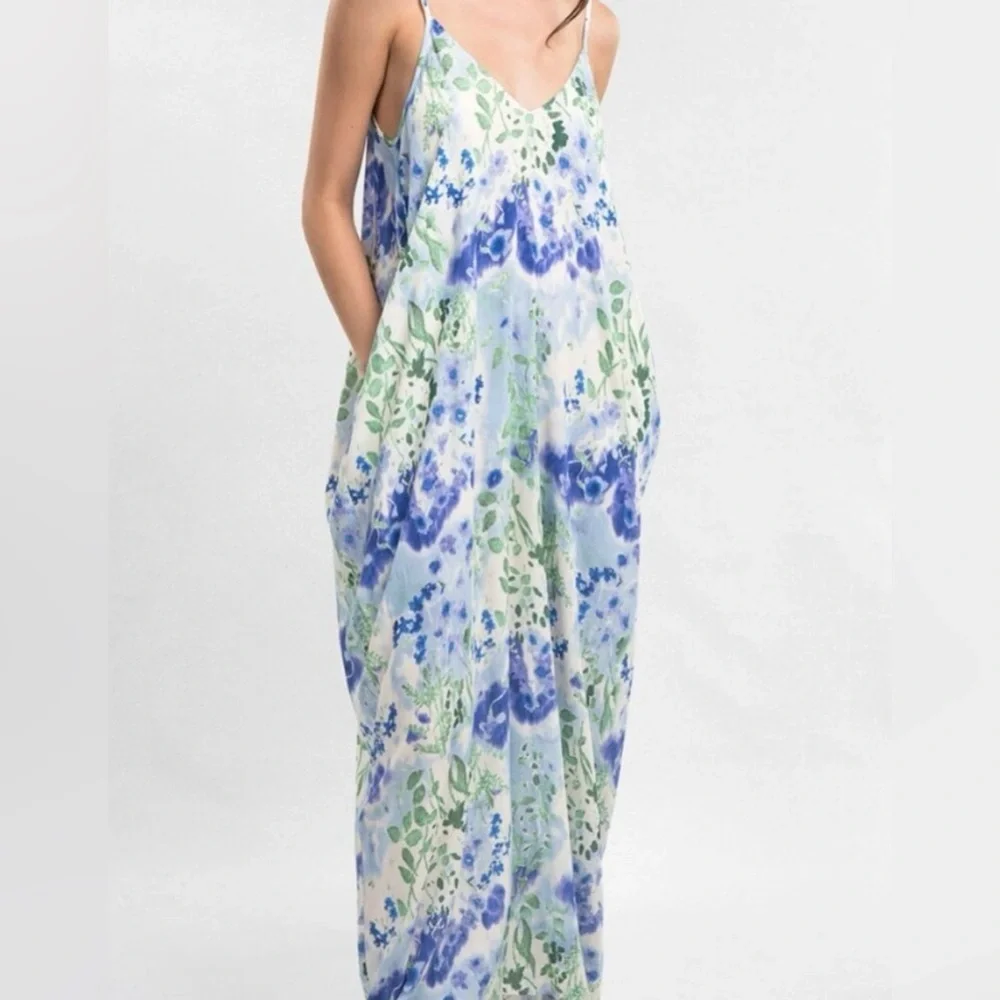 NWT Love Stitch Watercolor Floral Blue and Green Sleeveless Maxi Dress Size S/M - Picture 2 of 8
